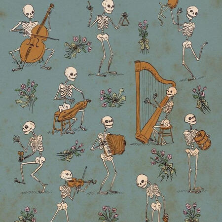 a print of some skeletons playing various musical instruments s
